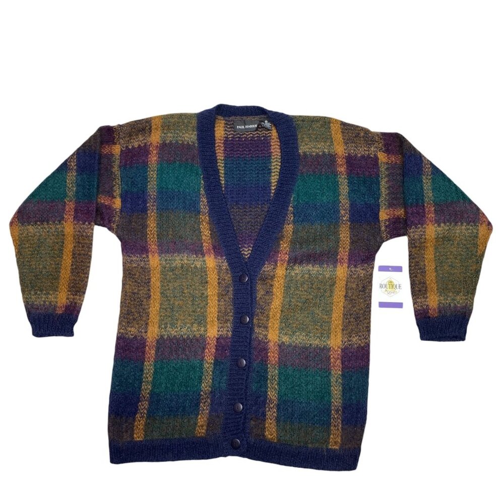 Paul Harris Womens M Plaid Cardigan Sweater Front Button Wool Mohair Blue Yellow